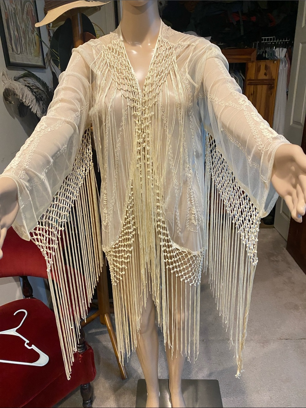 Topshop Ivory Crochet Fringe Swim Cover-Up Kimono